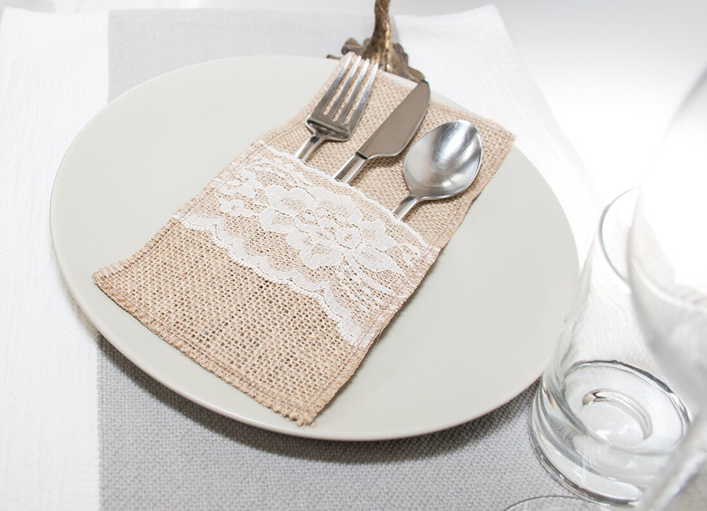 12 pcs Burlap Wedding Tableware Pouch Cutlery Holder, Rustic Wedding Decor