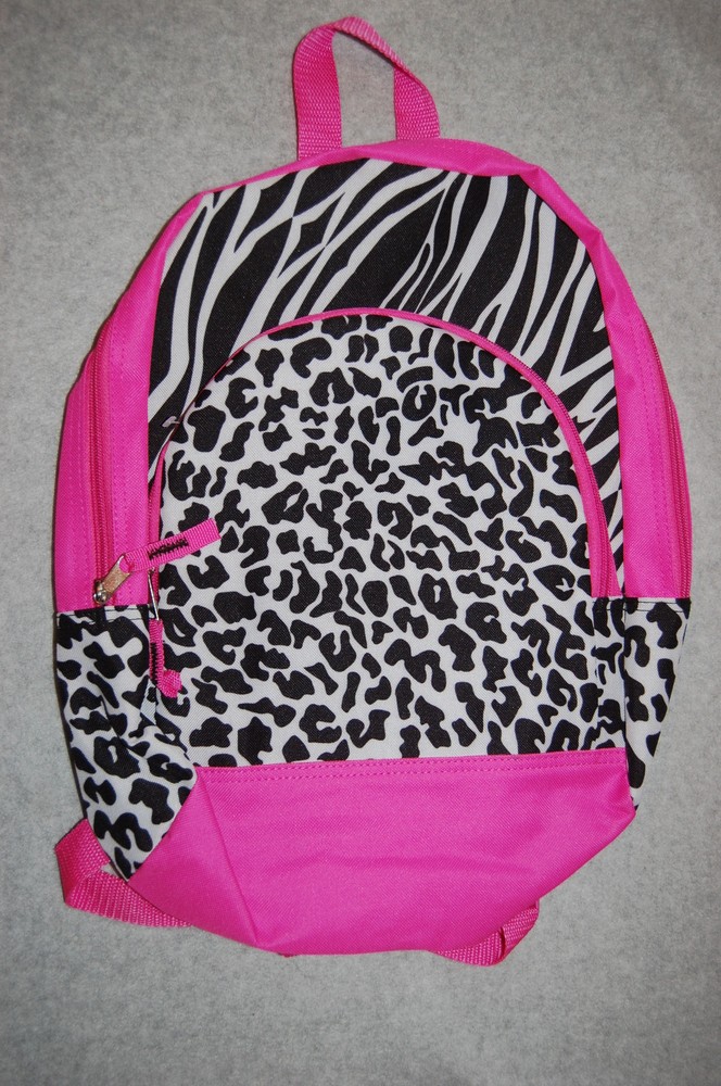 Girls Backpack 2 Compartment Padded Adjustable Straps PINK Zebra Stripe Leopard