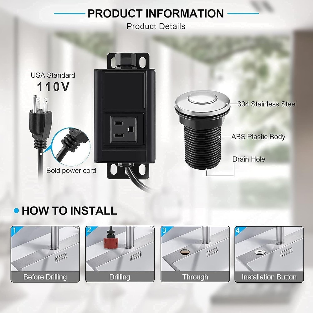HK Bundle - 2 Items Garbage Disposal Air Switch Kit with Power Cord Kit