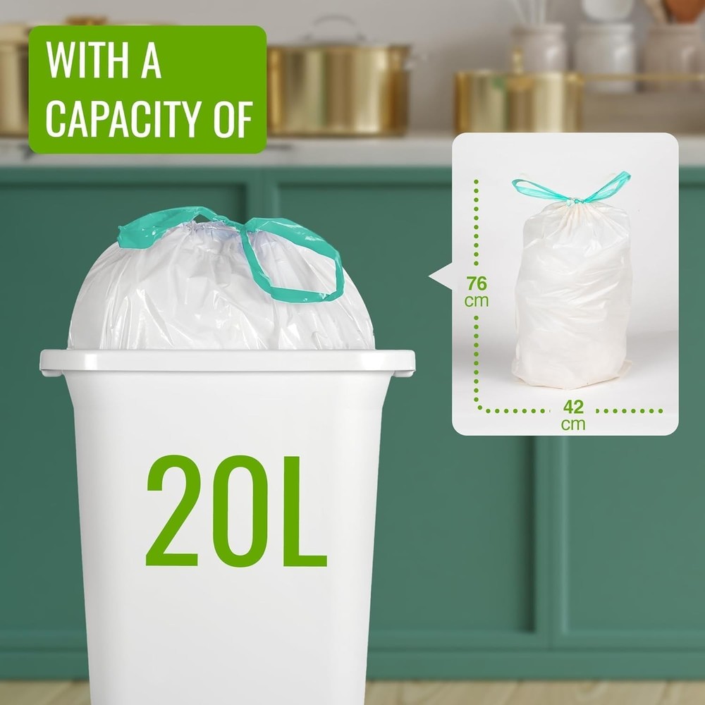 TYPLASTICS Bin Liners with durable drawstring Tie Handle, 15-20L, 200 Waste