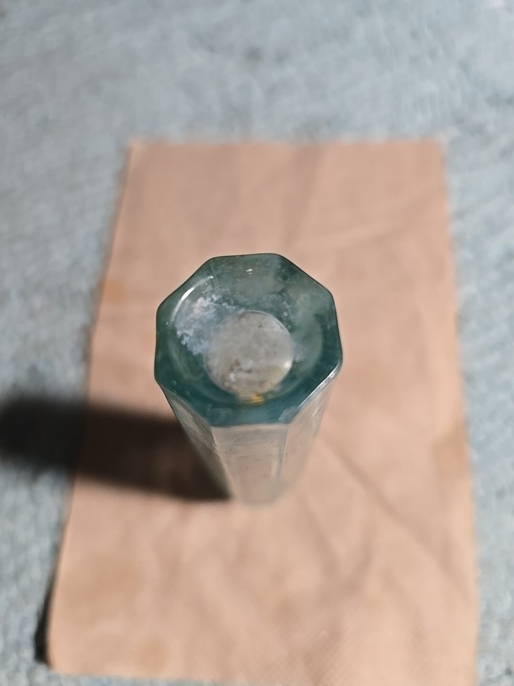 Small Octagon shaped Light Green Antique Bottle EMPTY