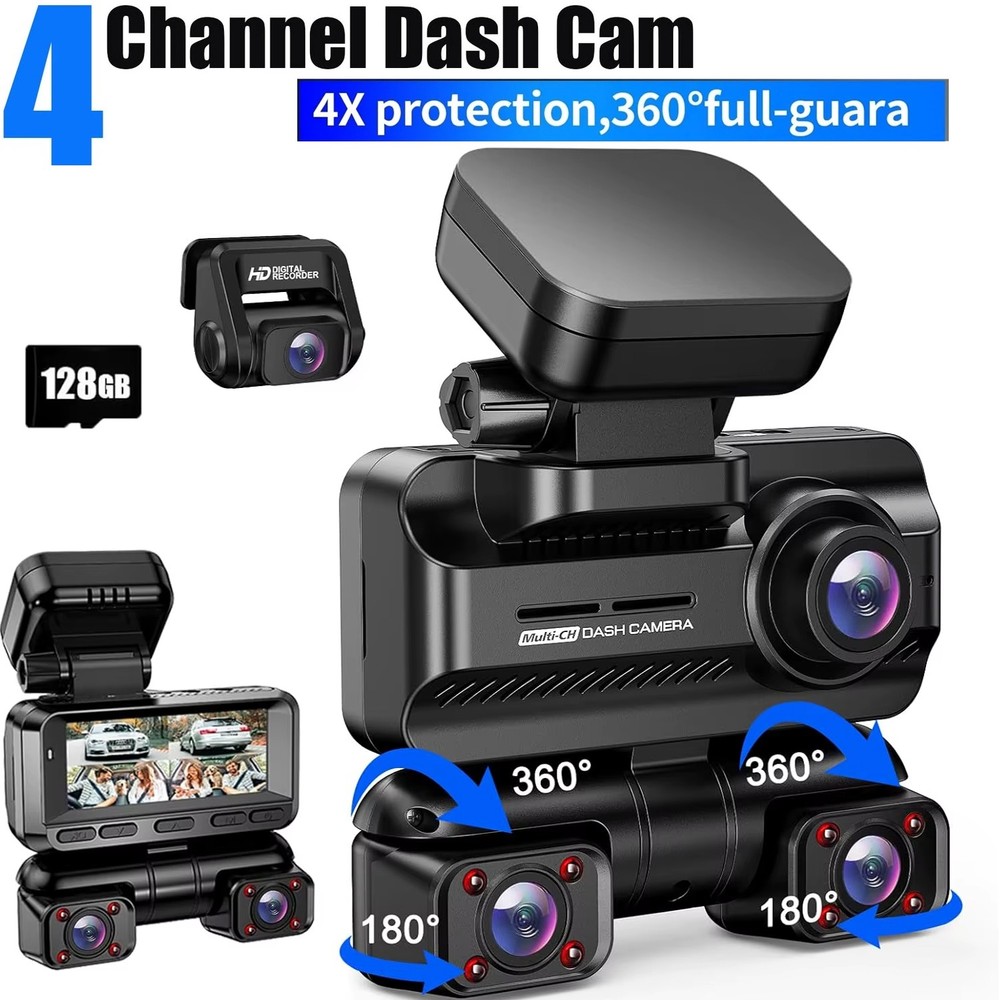 4K Dash Camera Dash Cam 4-Channel Night Vision Adjustable Video G-Sensor 128GB