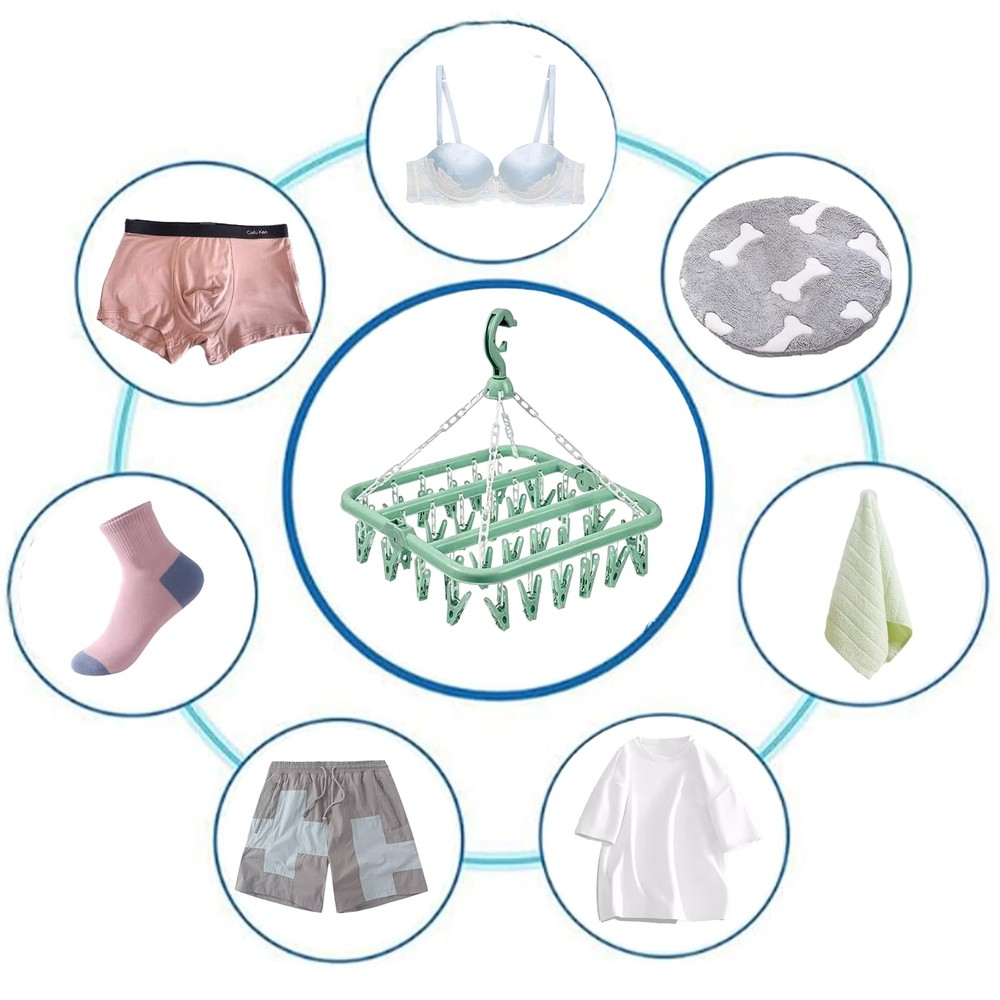 Clothes Drying Hanger with 32 Clips and Drip Foldable Hanging Rack (Light Green)