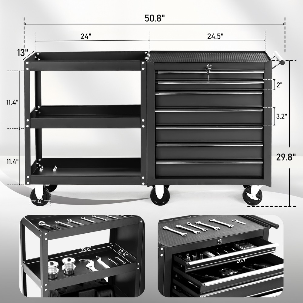 7-Drawer Mobile Tool Storage Solution with Lock, Key, 6 Wheels, Side Shelves