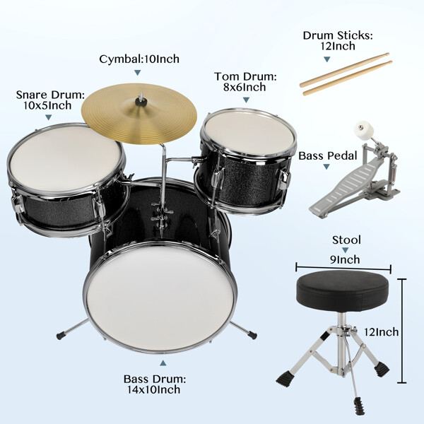 14 "X10" three-piece children's drum set black