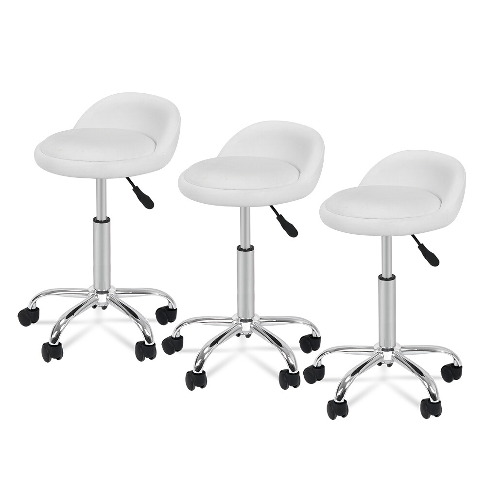 Salon Stool with Back Rest Set of 3 Saddle Rolling Hydraulic Spa Stools (White)