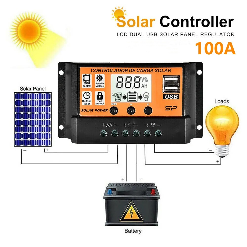 100A Solar Panel Battery Charge Controller 12V/24V LCD Regulator Auto Dual USB