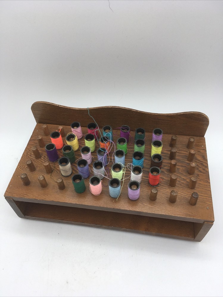 vtg wood thread bobbin organizer sewing kit storage