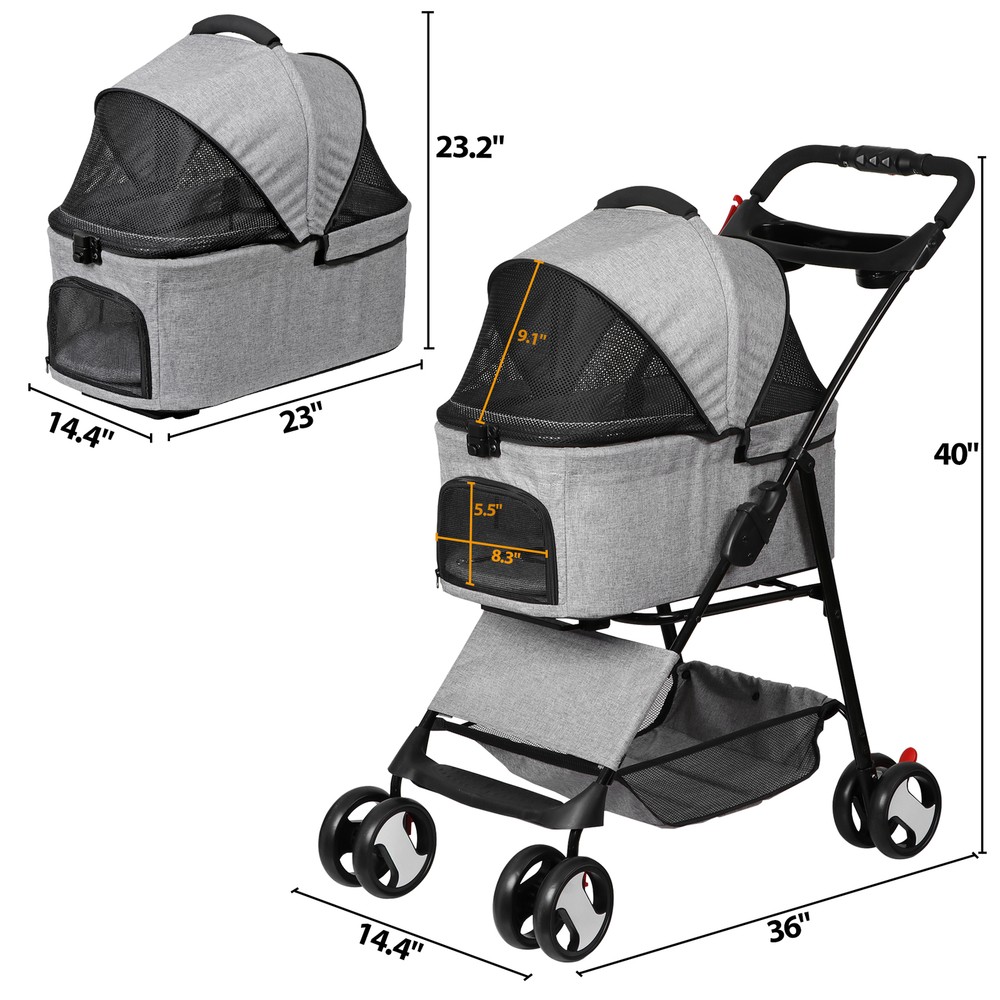Dog Stroller Cat Stroller 3-in-1 Multifunctional 4 Wheels Lightweight Foldable