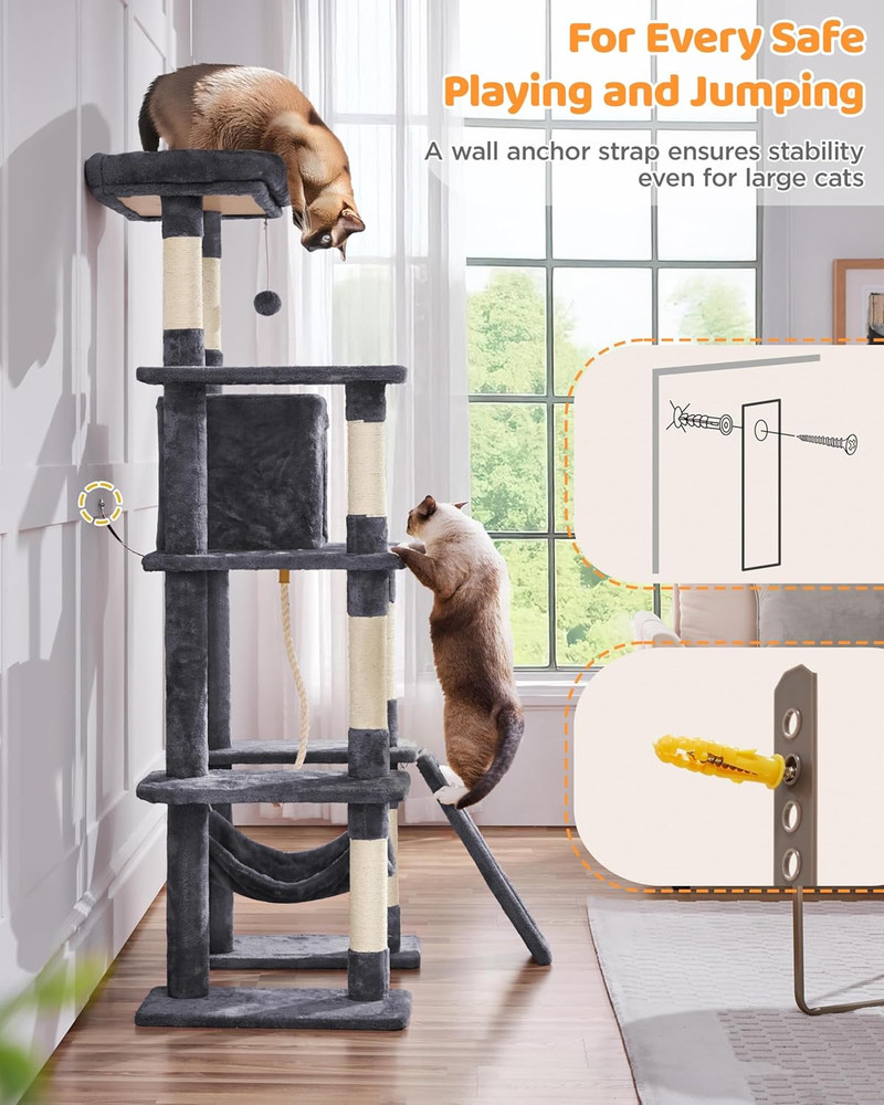 Deluxe 63" Multi-Level Cat Tree with Scratching Posts, Condo, and Hammock