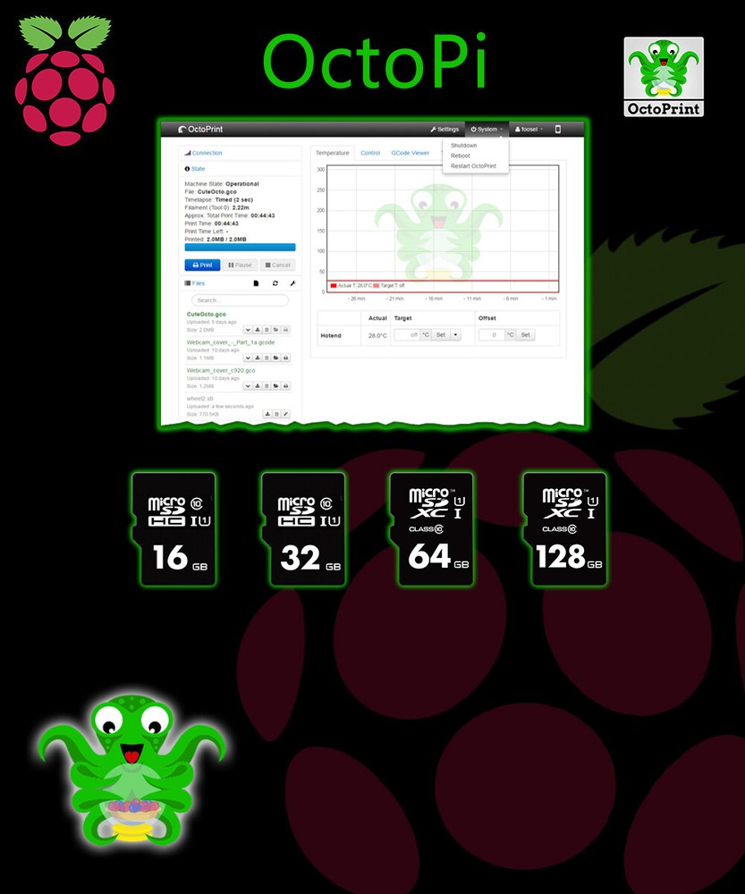 OctoPi / OctoPrint 3D Print Manager for Raspberry Pi Preloaded Class 10 Micro SD