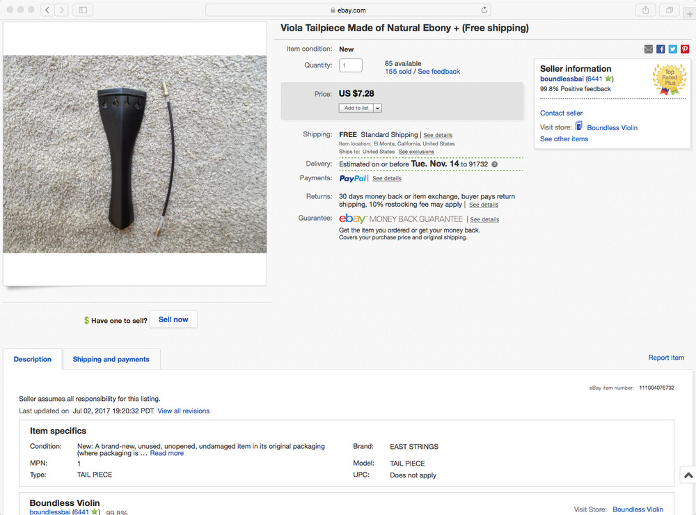 Viola Tailpiece Made of Natural Ebony