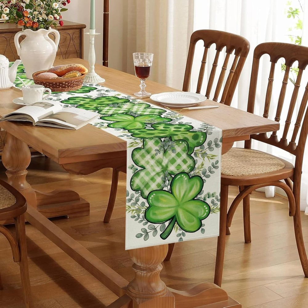 St Patrick's Day Table Runner Decorations Shamrock Eucalyptus Seasonal Kitchen