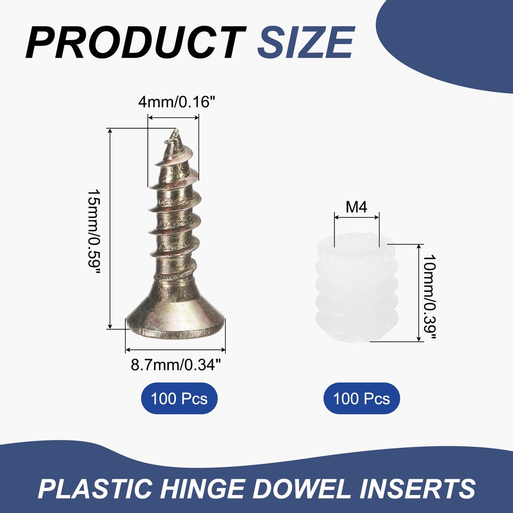 100Pcs M4 x 10mm Plastic Hinge Dowel Inserts with Self-Tapping Screws White
