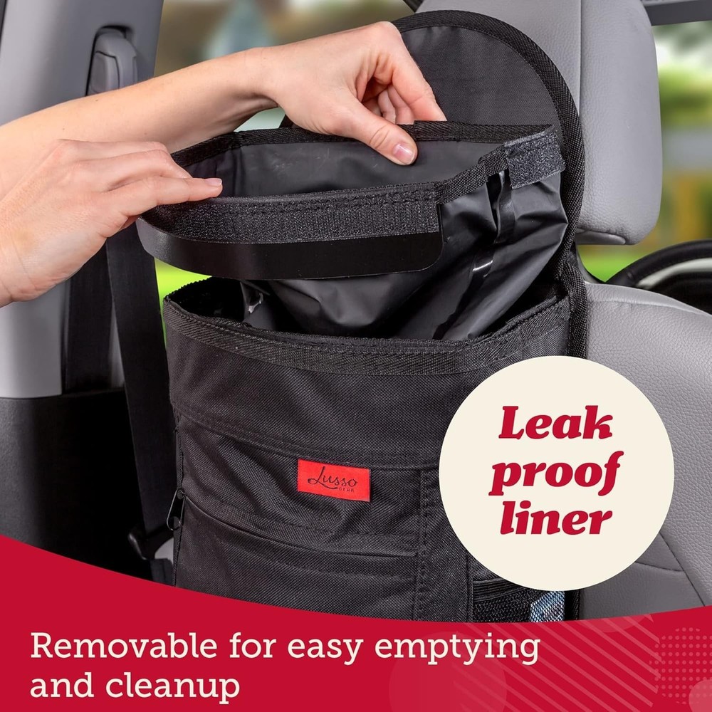 Spill-Proof Auto Trash Can with Removable Liner and Adjustable Hanging Hooks