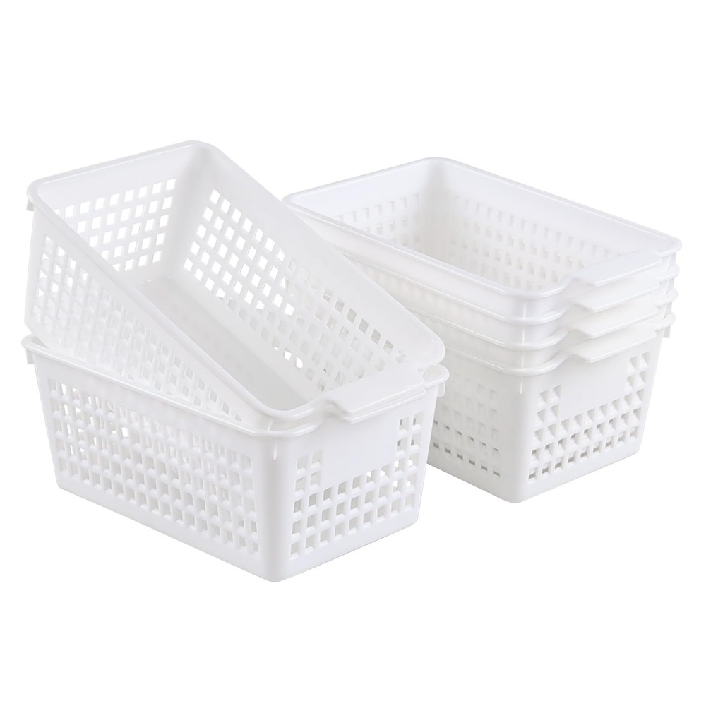 6-Pack White Plastic Storage Basket, Small Storage Basket