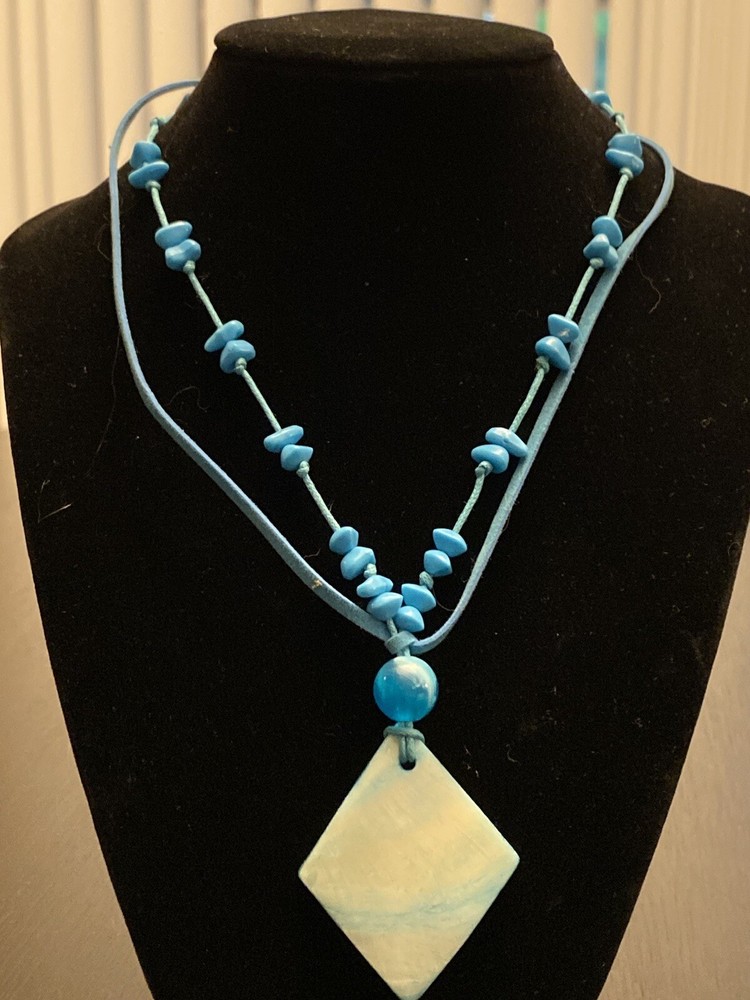 Handmade Blue Beaded and Shell Pendant Necklace