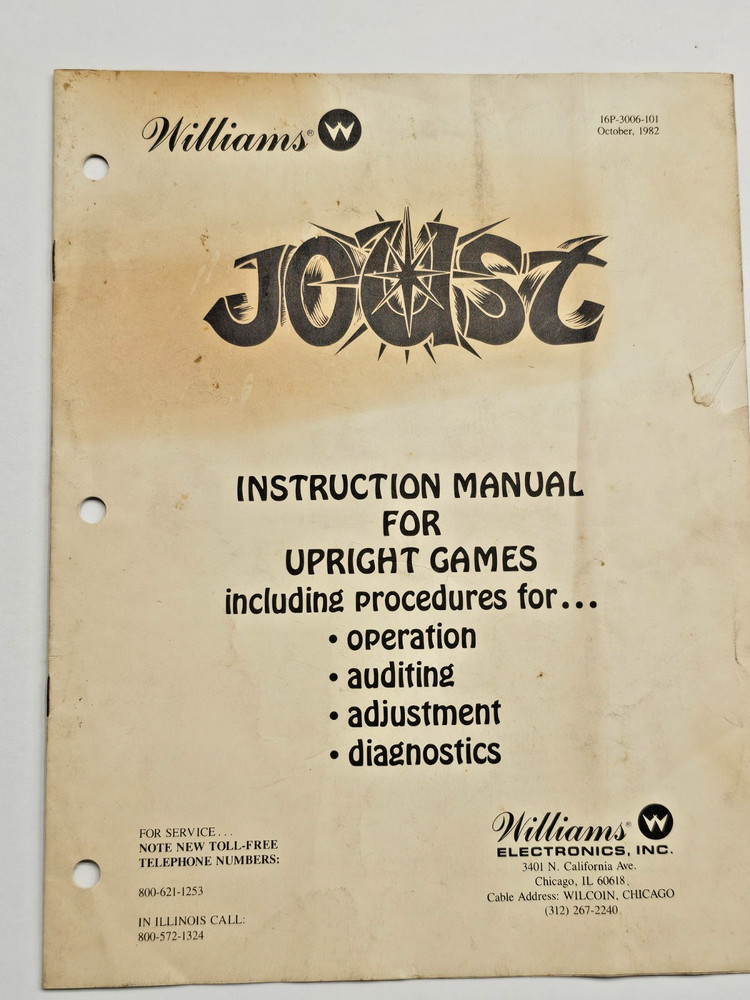 ORIGINAL WILLIAMS JOUST INSTRUCTION MANUAL FOR UPRIGHT GAMES OPERATION AUDITING