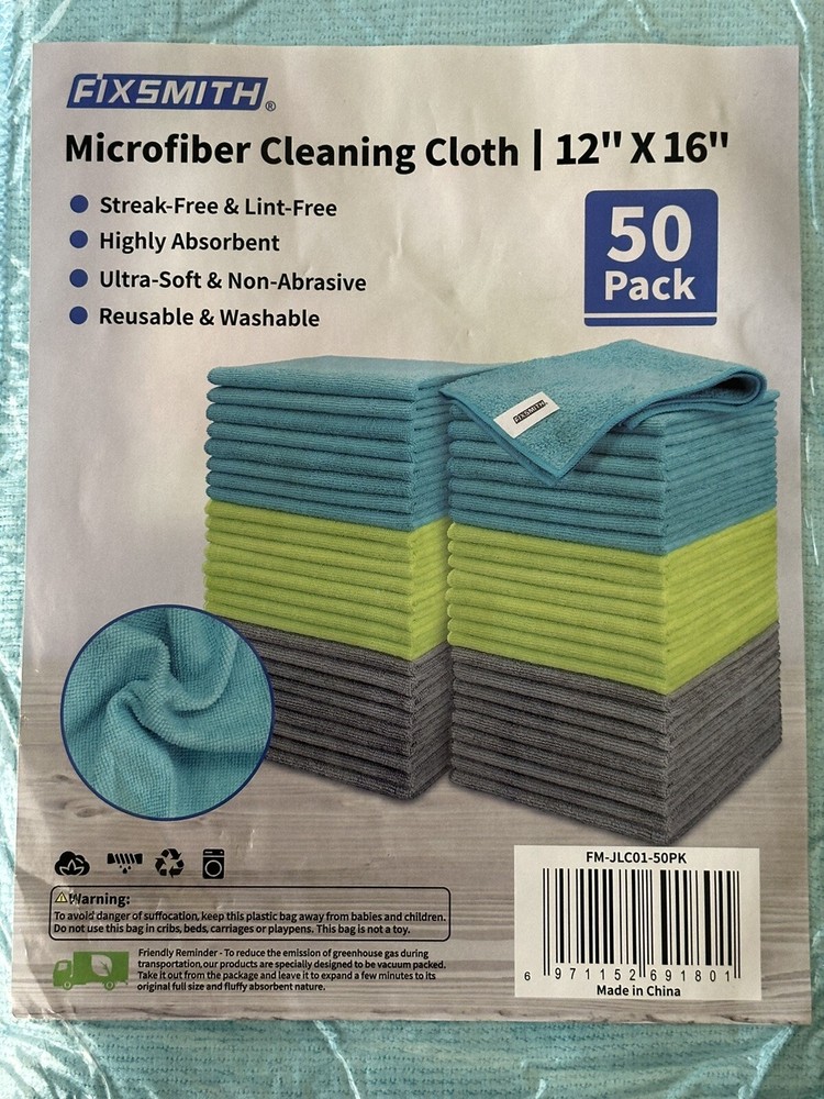 Fixsmith 50 Pack Microfiber Cleaning Cloth 12” x 16, Reusable, Washable, Ansorbe