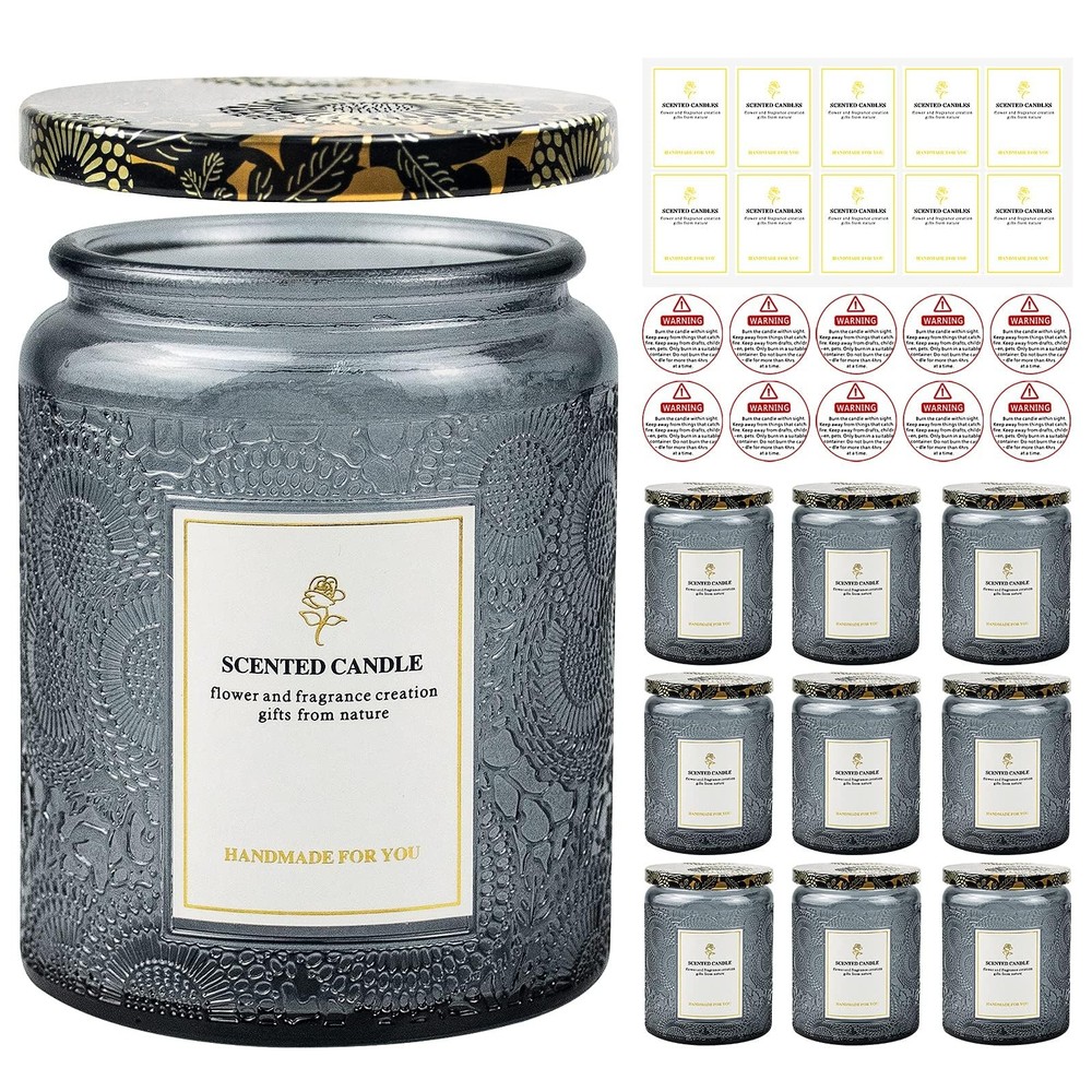 8.8OZ, 9 Pack Embossed Candle Jars for Making Candles, Empty Glass Containers...