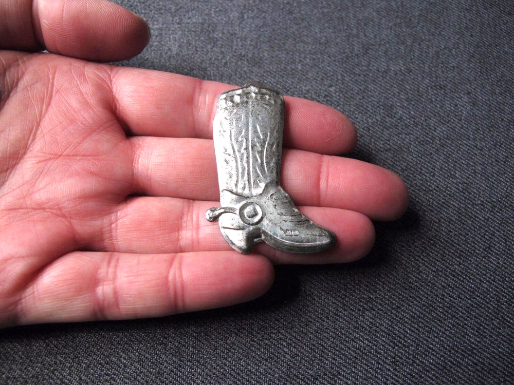 Antique silvered tin cowboy boot pin brooch