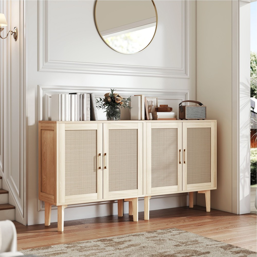 Buffet Cabinet With Rattan Decor Doors Solid Wood Feet Multifunctional YNAU