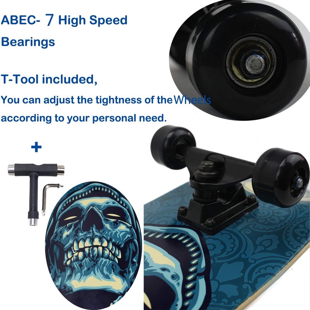 31 inch Pro Skateboard Complete,7 Layer Maple Wood Double Kick Concave
