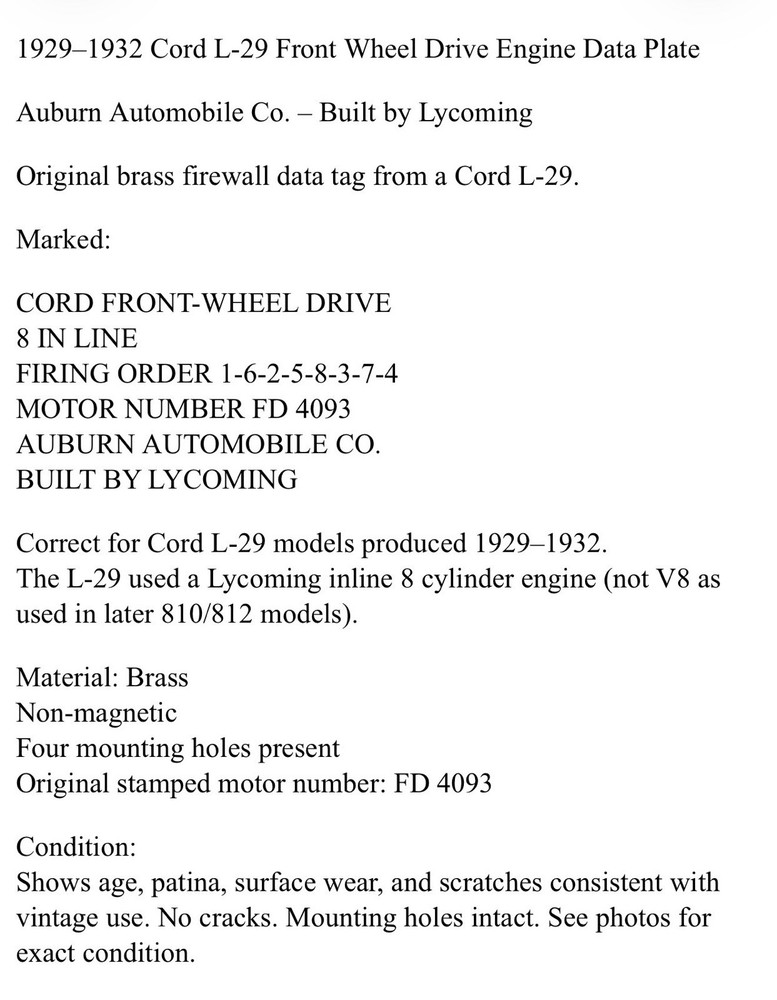 “1929–1932 Cord L-29 Front Wheel Drive Inline 8 Engine Data Plate”