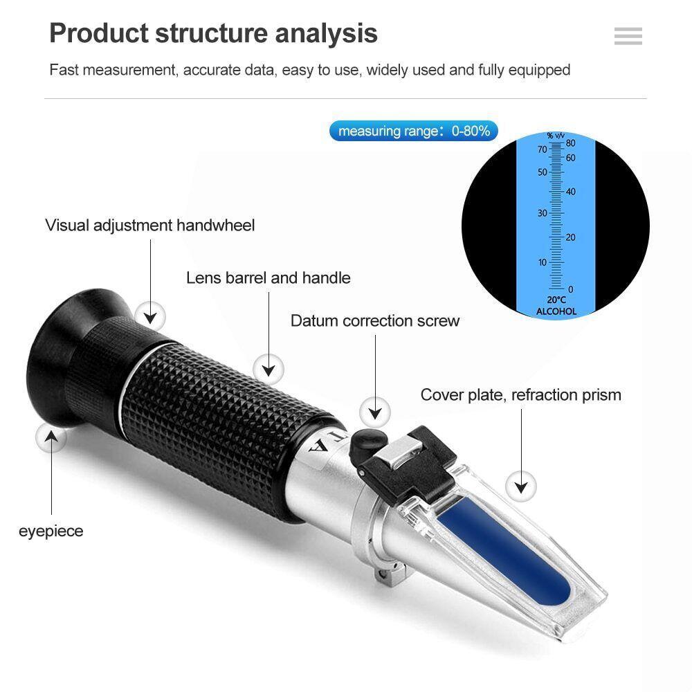Alcohol Refractometer Handheld 0-80% Meter Alcoholometer Content Tester