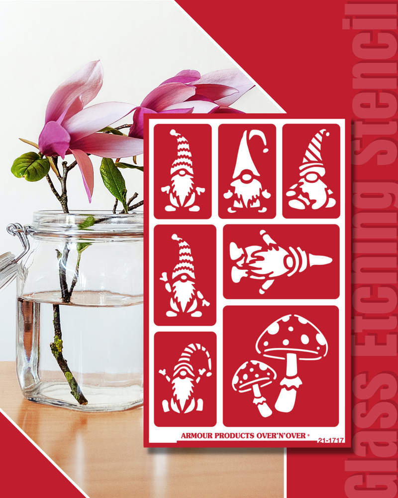 Garden Gnomes Dwarf & Flower Pattern Glass Etching Stencils Reusable Armour Etch