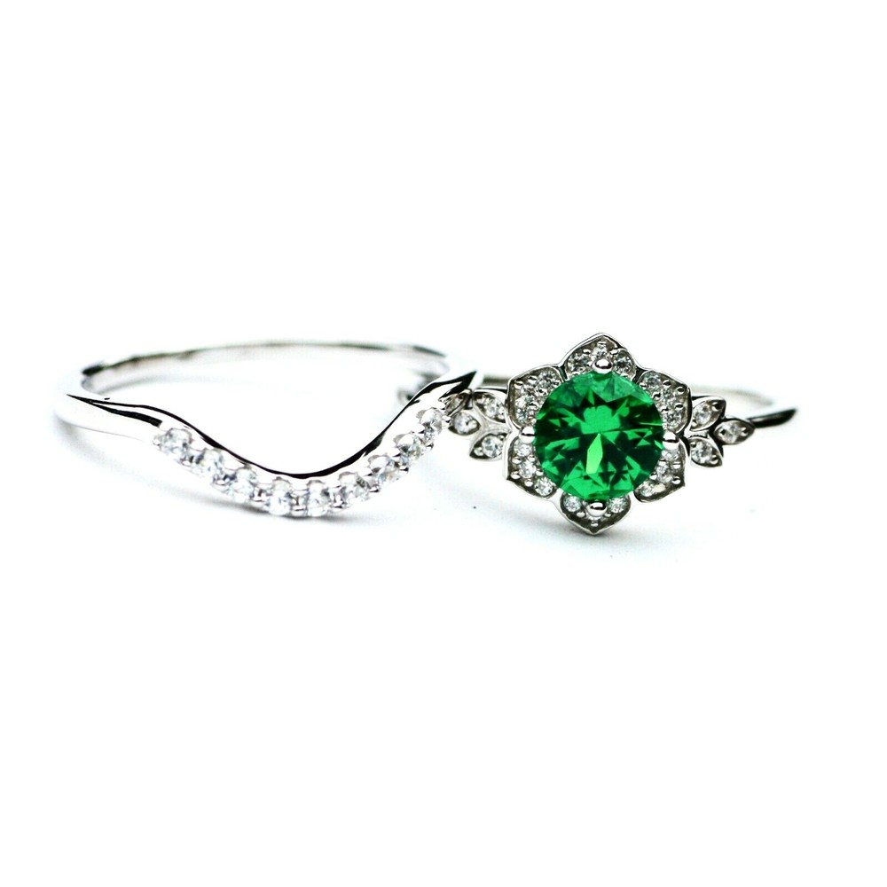 Lab Made Emerald Engagement Ring Wedding Set Sterling Silver 925 May Birthstone