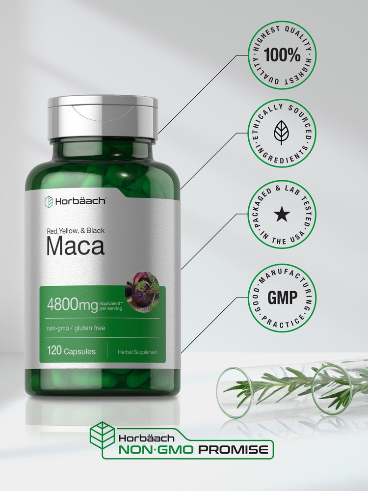 Maca Root Capsules 4800mg | 120 Pills | Red, Yellow, Black Maca | by Horbaach