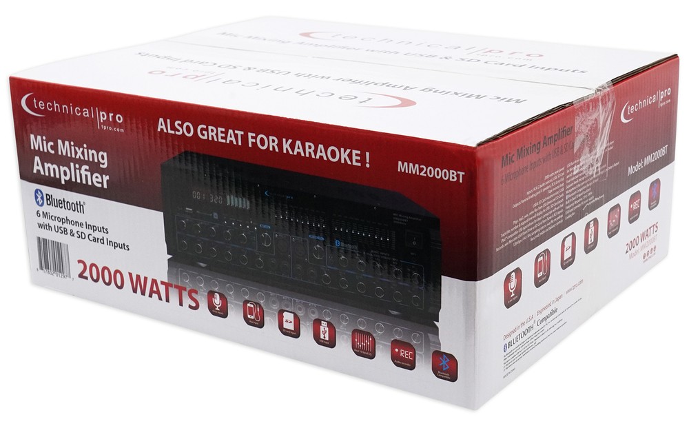Technical Pro MM2000BT Active Bluetooth Karaoke Mixer Amp SD, USB+(2) Mics+Stand