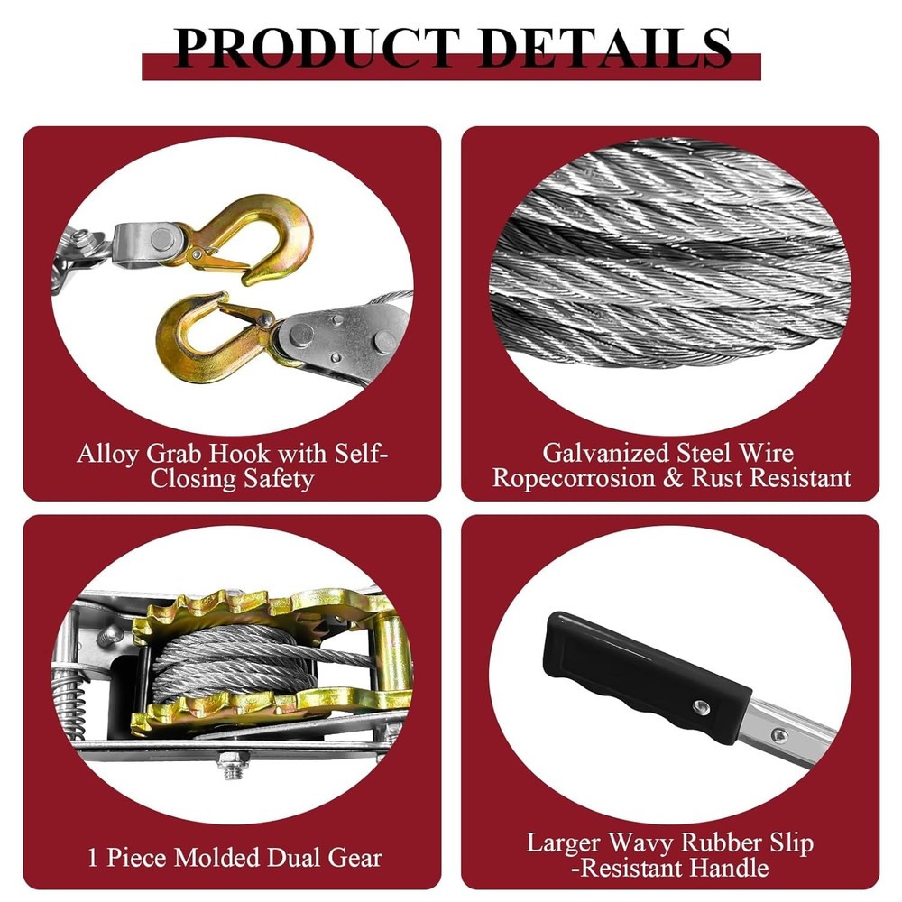 Come Along Winch, 2 Ton 4480 lbs Pulling Capacity, 7 ft Steel Cable, 2 Hooks,...