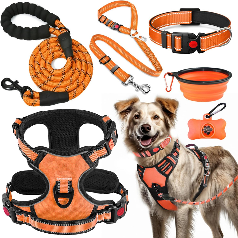 No Pull Dog Harness, Collar & Leash Set | Includes Dog Seat Belt, Collapsible Bo