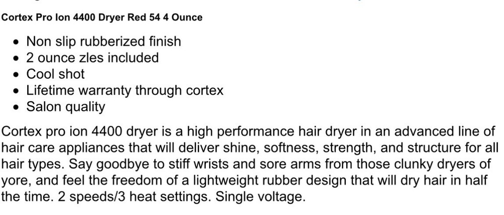 Cortex 4400 Rubberized lightweight Professional Ion Hair Dryer