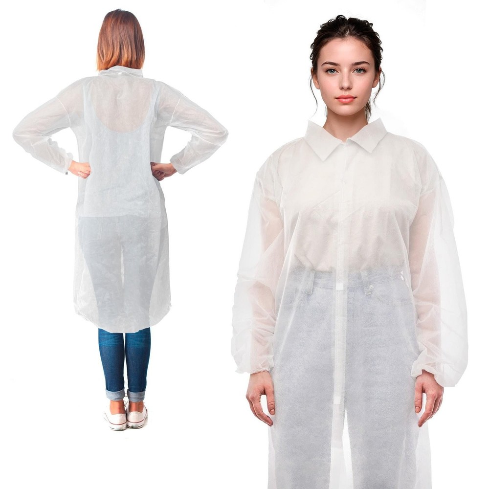 25 White 42gm Polypropylene Lab Coats Small Size No Pockets Snap Front Elastic