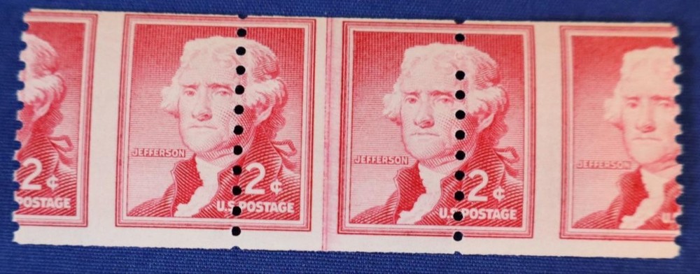 US SCOTT# 1055 2 CENT JEFFERSON COIL LINE STRIP MISPERFED, MNH