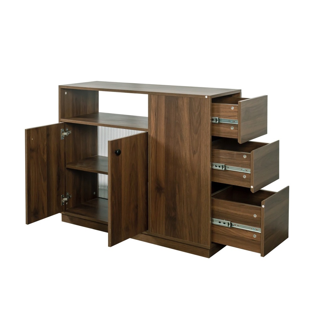 Small Kitchen Sideboard with Glass Sliding Doors, 3 Drawers & Display Shelf