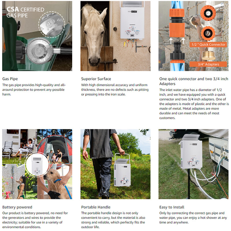 Portable 1.6GMP 6L Propane Gas Tankless Water Heater Digital Display RV Camping