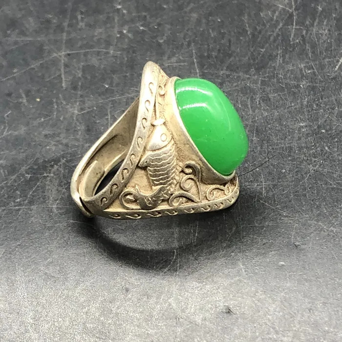 1Pc Collected Tibetan Silver Double Fish Green Jade Bead Ring