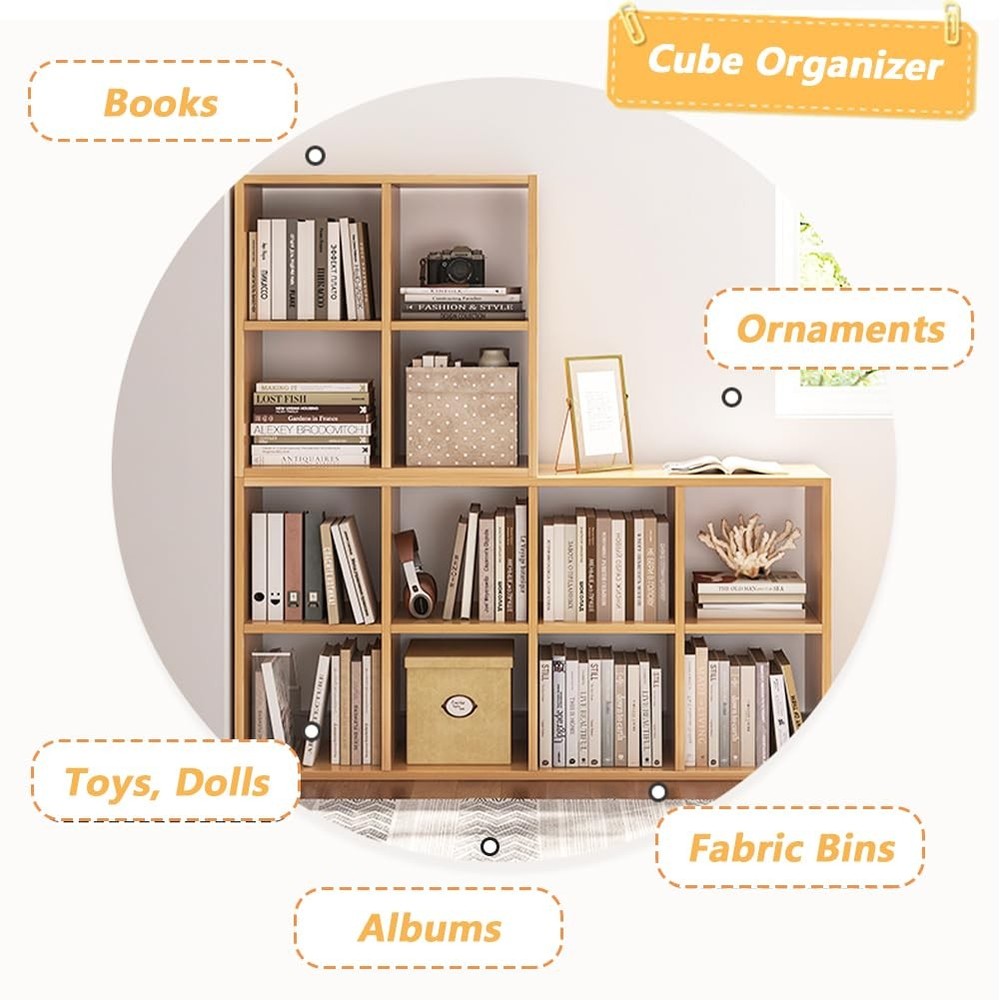 NELYE 8-Cube Organizer Bookcase Fabric Storage Bins Open Shelf Oak Finish