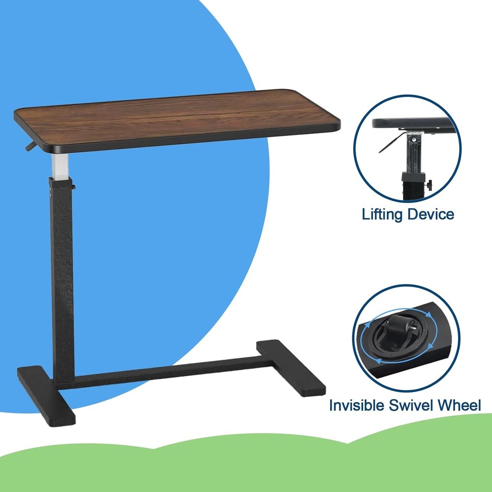 Adjustable Overbed Table W/ Invisible Wheels Bedside Table ，Standing Desk