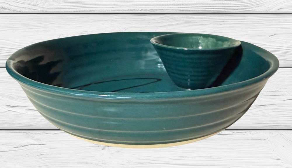 Teal Ceramic Chips & Dip Serving Bowl Abstract Design 10" Diameter