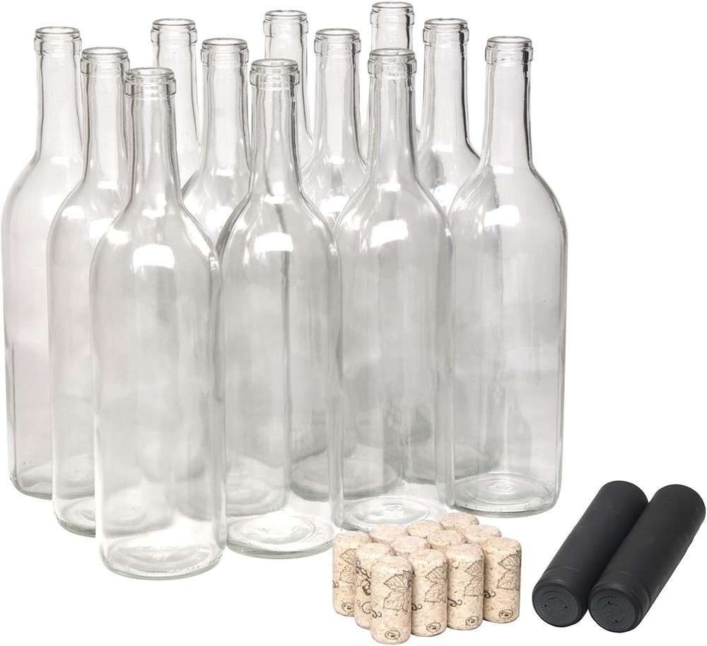 750ml Glass Bordeaux Wine Bottles, Flat-Bottom, with Corks & Shrink Capsules, 12