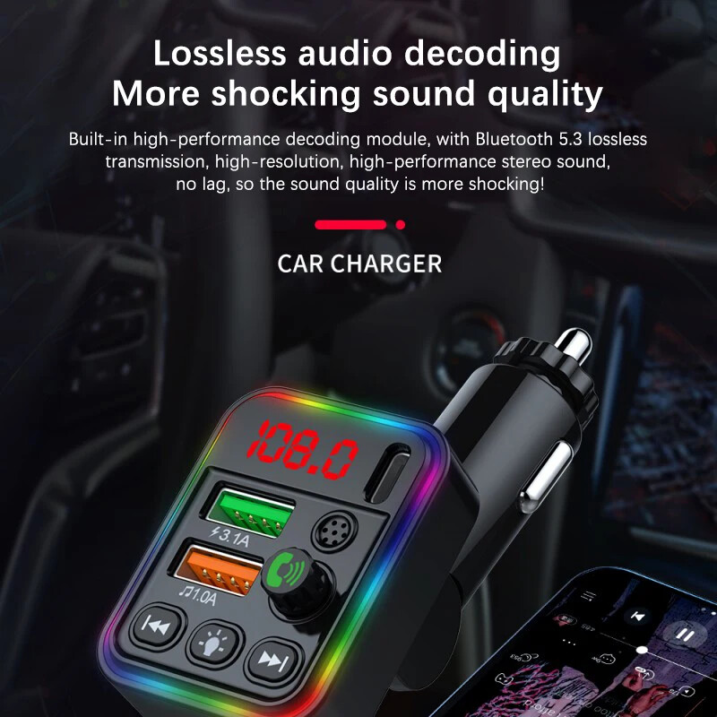 Car Wireless Bluetooth 5.3 FM Transmitter MP3 Player USB Fast Charger Adapter