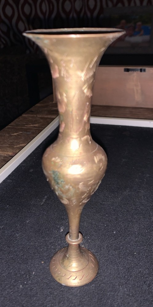 Vintage Solid Brass Small Vase 6 Inch - Etched