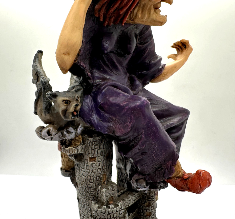 9" Floating Witch Over Castle & Bat Resin Figure