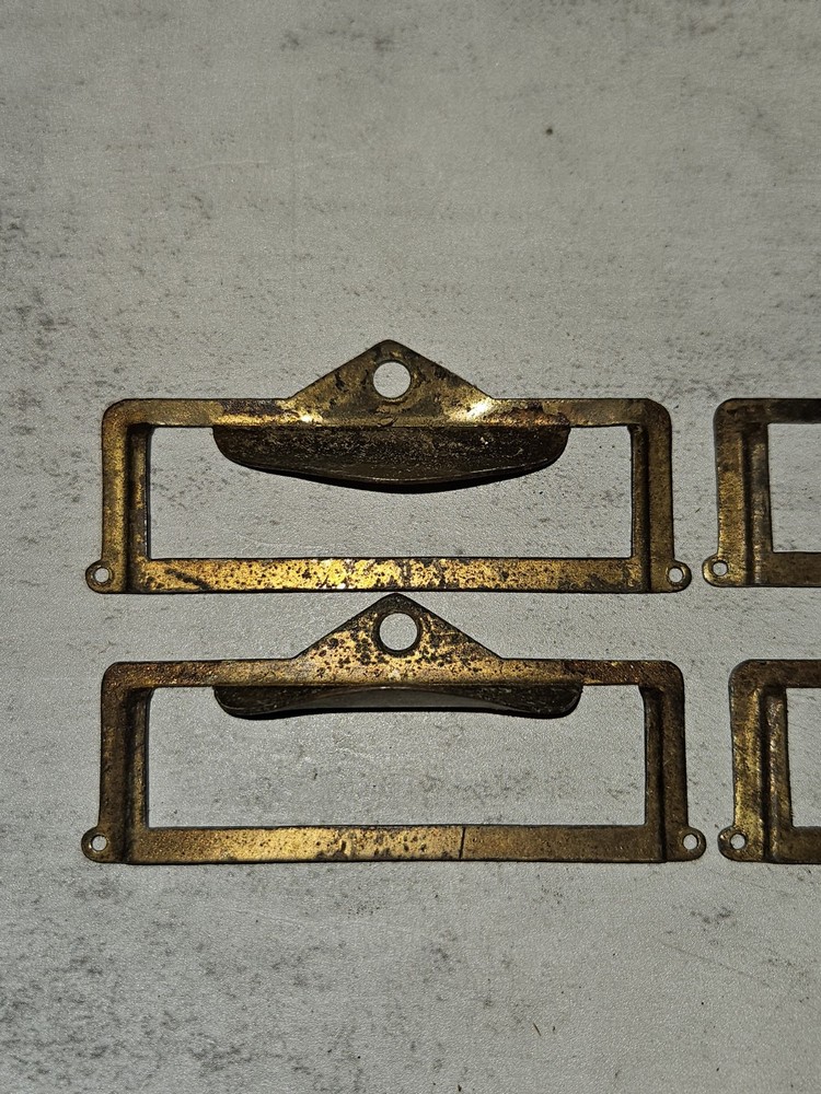 4 Vintage Brass Plated Label Holder Drawer Pull Card Catalog Cabinet Handle