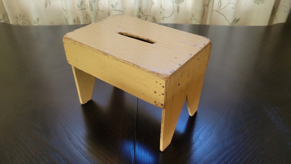 Original Primitive Handmade Wood Stool with Original Beige-Peach Color Paint